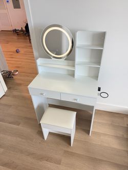 White Vanity Desk with LED Mirror, Shelves & Stool