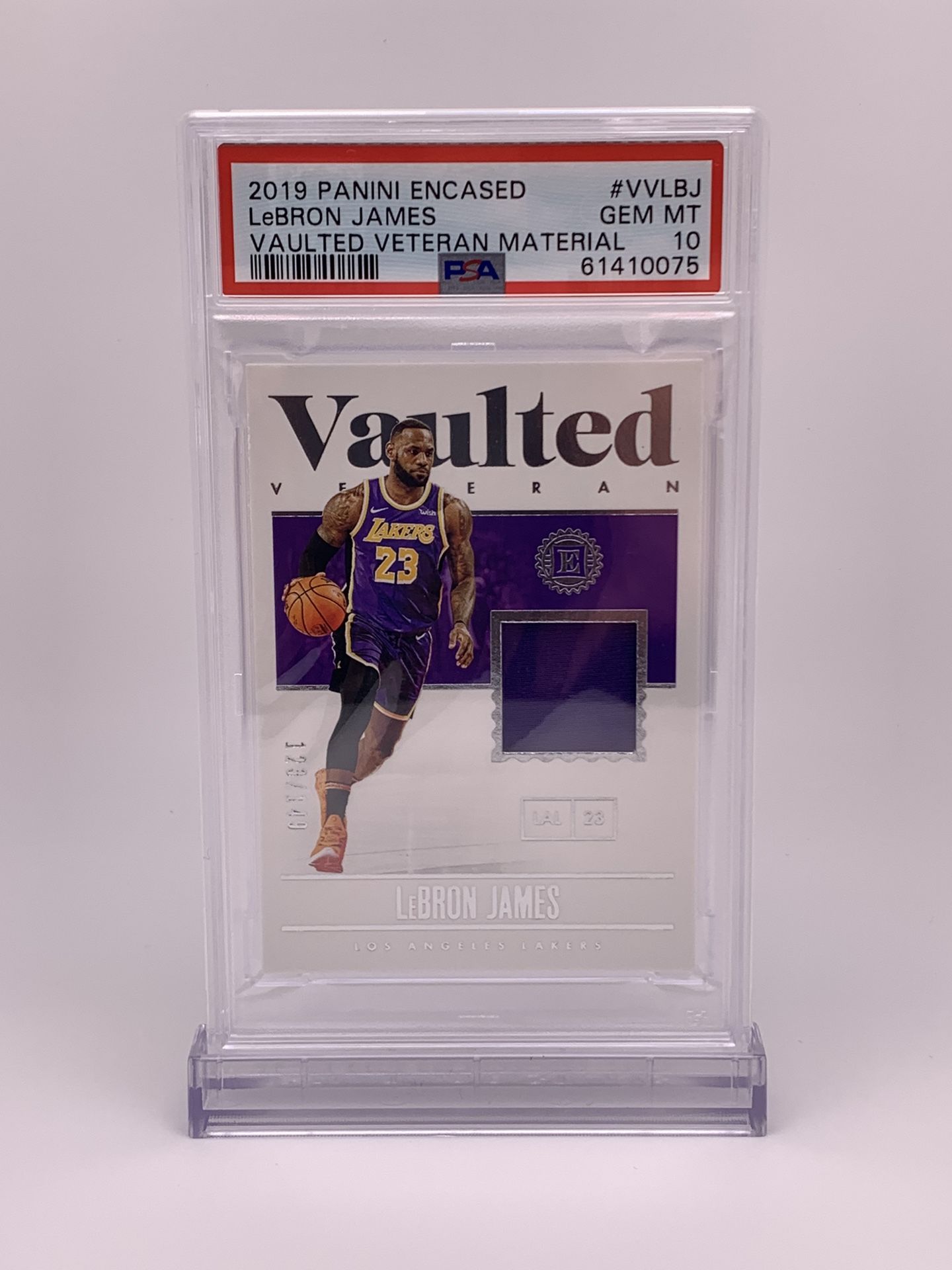 LeBron James 2019 Panini Encased Vaulted Veteran Game-Worn Jersey Material /149 PSA 10 GEM MINT