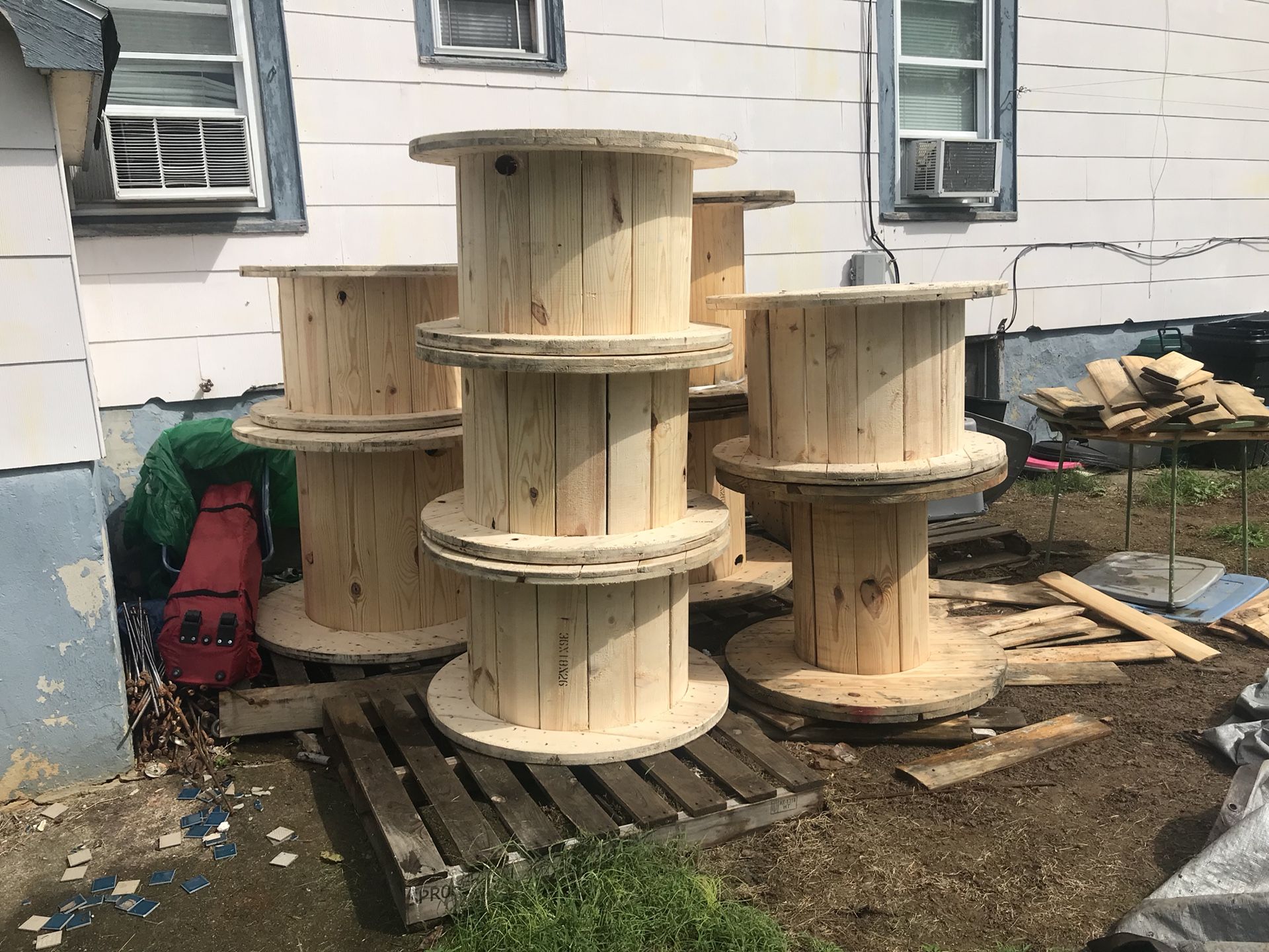 Wooden spools, cable wire reels. Great rustic tables, goats love them. We deliver