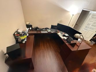 U-Shaped Executive Office Desk & Matching Bookcases Set (Dark Wood)