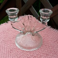 Iris And Herringbone Depression Glass Double Candle Holder Jeannette Glass 