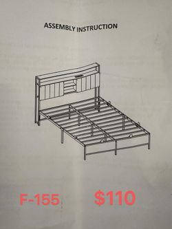 （F-155）Full Size Metal Platform Bed Frame with Storage Headboard, Sliding Doors & Charging Station