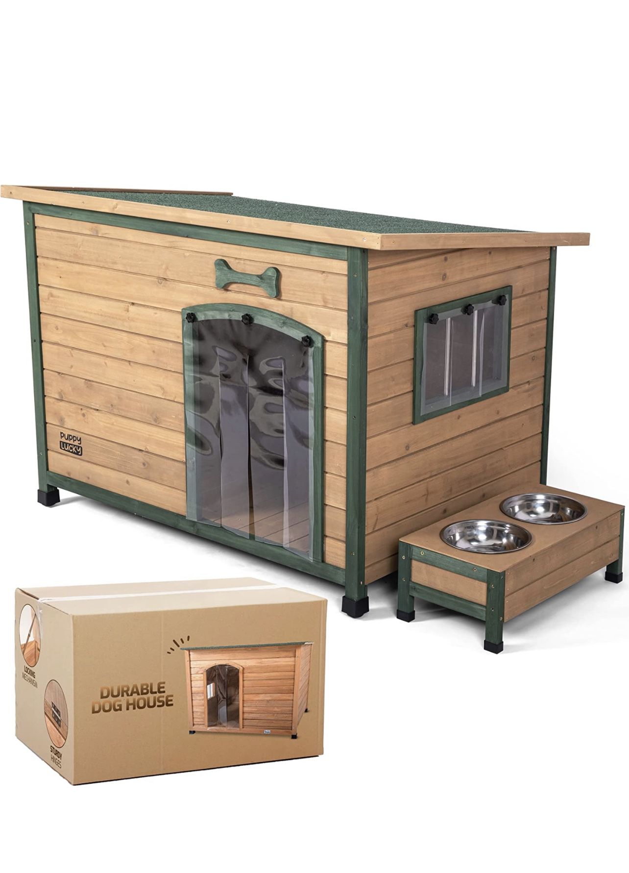 Wooden Dog House | Weatherproof Outdoor Dog House | Beautiful Green Roof with Food & Water Bowl Included