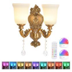 Battery Operated Wall Sconce 2-Light, RGB Dimmable Rechargeable Wall Light with Glass Shade, 48hr Battery Life Wireless Sconce with Remote Control 