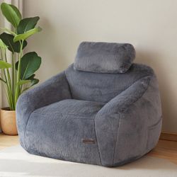 Bean Bag Chair with Pillow - Faux Fur Ergonomic Bean Bag Chair Couch (Zippered Link Pillow), Dark Grey