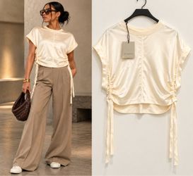 AllSaints Mira Satin Tee Tofu White Ruched Drawstring Top Size L NWT