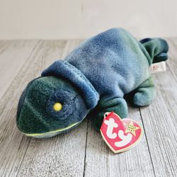 Vintage 9" Rainbow Chameleon Ty Beanie Baby Original Stuffed Animal Plushie. 1997. Blue/Green Polyester fiber and plastic Pellets. Pre-owned in excell