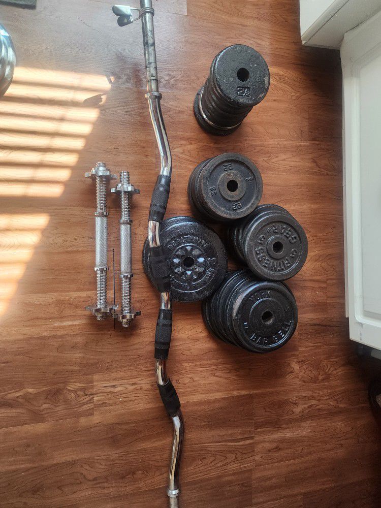Weights,Curl Bar and Dumbells