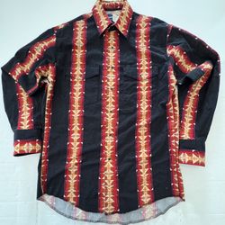 Pre Owned Excellent   Wrangler  VTG  Western Aztec  Button Shirt Long Sleeve  Pearl Snap Buttons  Black Red Orange Burgundy Men   Size Medium