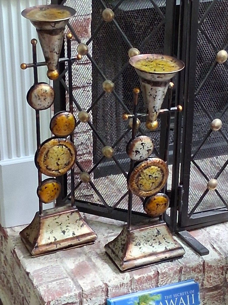 Set Of 2 Vintage Metal Candle Holders
