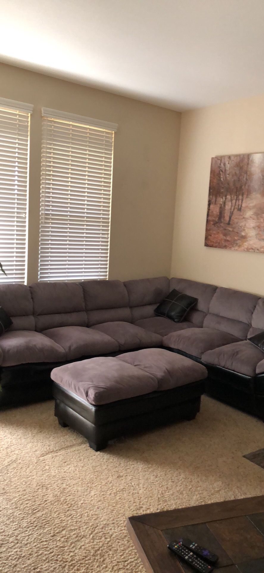 2 piece sectional with ottoman and accent pillows