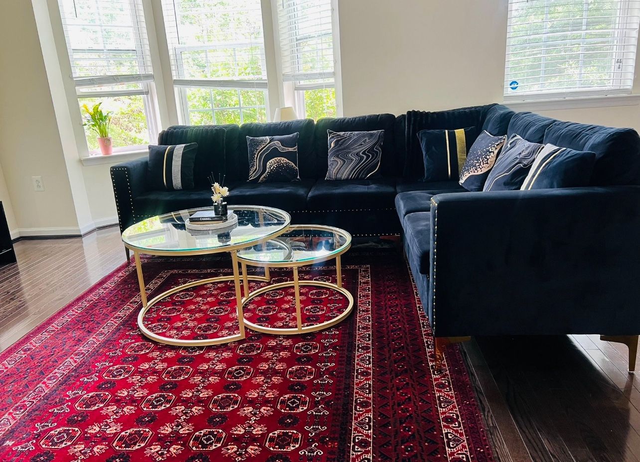 Black Velvet Sectional Sofa with Coffee Tables