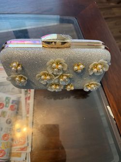Silver Glitter Clutch with Pearl Flower Embellishments