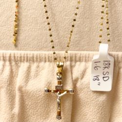 18k Real Solid Pawnable Gold Cross Pendant 2tone With Chain