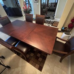 Hardwood Dining table Expandable With 6 Leather Chairs