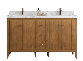 60” Teak Wood Vanity, Double Sink (2 included) — Brand New