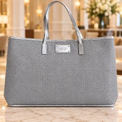 SilverMichael Kors Large Metallic Gray Woven Tote with Silver Trim