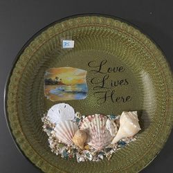 Dark Green Glass Plate decorated With seashells 