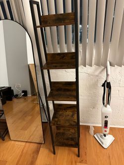 Rustic 5-Tier Ladder Bookshelf – Dark Wood & Black Metal