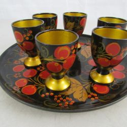 Russian Khokhloma Painting Factory Lacquered Wood Wine Set Cups Tray


