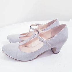 New Womens Ladies Grey Suede Chunky Heels Strappy Shoes Size 9