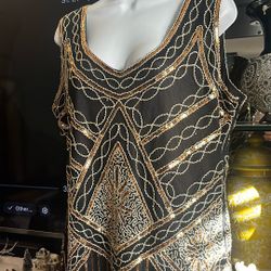 Party Dress Gold Black Sequence Small Beaded With Fringed On The Bottomsize:XXL