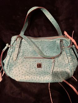 Dooney & Bourke turquoise ostrich embossed leather top handle satchel handbag.