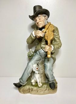 Vintage Enesco Imports Man Playing Violin & Dog Street Musician Figurine E1230   8”