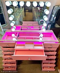New Quality Pink Vanity With Bluetooth Speakers! Lots of storage!