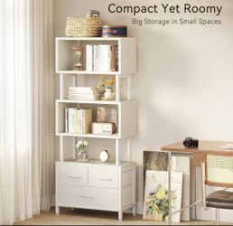  7 Tier Bookshelf, Tall Geometric Bookcase with Fabric Drawers, Modern Display Book Shelves Book Case