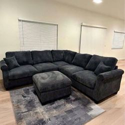 ✅️✅️️✅️4 pc Black  cordury fabric upholstered sectional sofa with ottoman✅️✅️