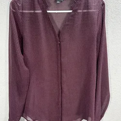 Ann Taylor Burgundy Polka Dot Sheer Shirt Long Sleeve Lightweight V-NECK shirt  Blouse top t  tee women's size 10
