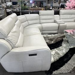 Gray Leather Sofa Sectional Power Recliners & Power Headrest & Wireless Charging 