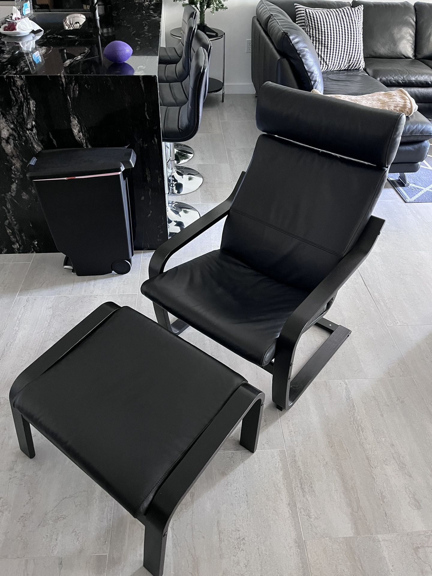 IKEA Black leather Arm Chair With Ottoman