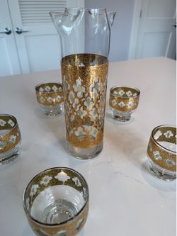 Vintage Culver Valencia Pitcher & 6 Glasses – Gold Moroccan Pattern – Mid Century