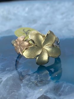 $600 Three Tone Yellow White and Rose Gold Plumeria Flower Ring