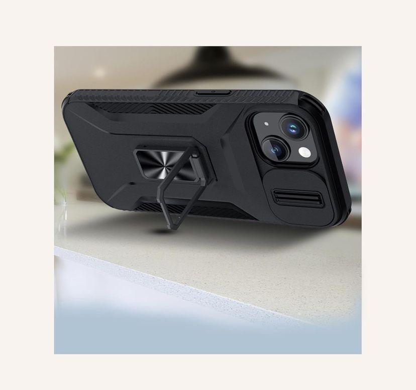 Case for iPhone 15,Rotated Ring Stable Kickstand,Built-in Slide Camera Cover,Heavy Duty Shockproof Protective Phone Cover,Black