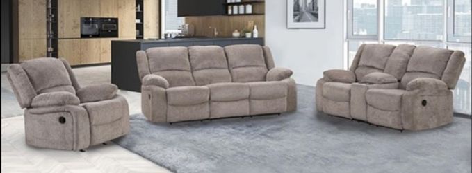 Brand New Mocha Super Plush Chenille 3pc Reclining Sofa Set