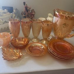 Vintage Carnival Glass Drink Set – 12Pieces – Beautiful Amber/Marigold Glow!