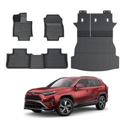 Floor Mats Set Cargo Liner with Backrest Cover for 2019-2025 Toyota RAV4(Include Hybrid), All Weather TPE Full Mat Set for RAV4 Accessories 19-25|for 