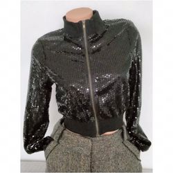 Black sequin bling zip jacket top size S M