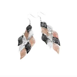 Coffee, Silver And Black Leaf Dangle Earrings 
