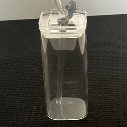 NEW RECTANGULAR GLASS W/ SECURE LID & GLASS STRAW