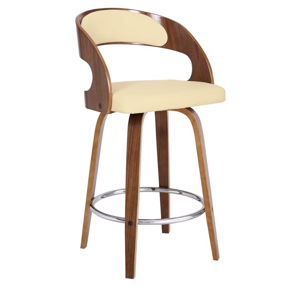 Armen Living Shelly 26" Counter Height Swivel Cream Faux Leather & Walnut Wood Bar Stool