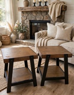 Rustic Farmhouse Side Tables - Set of 2 - Solid Wood + Black Metal - 23.5"H