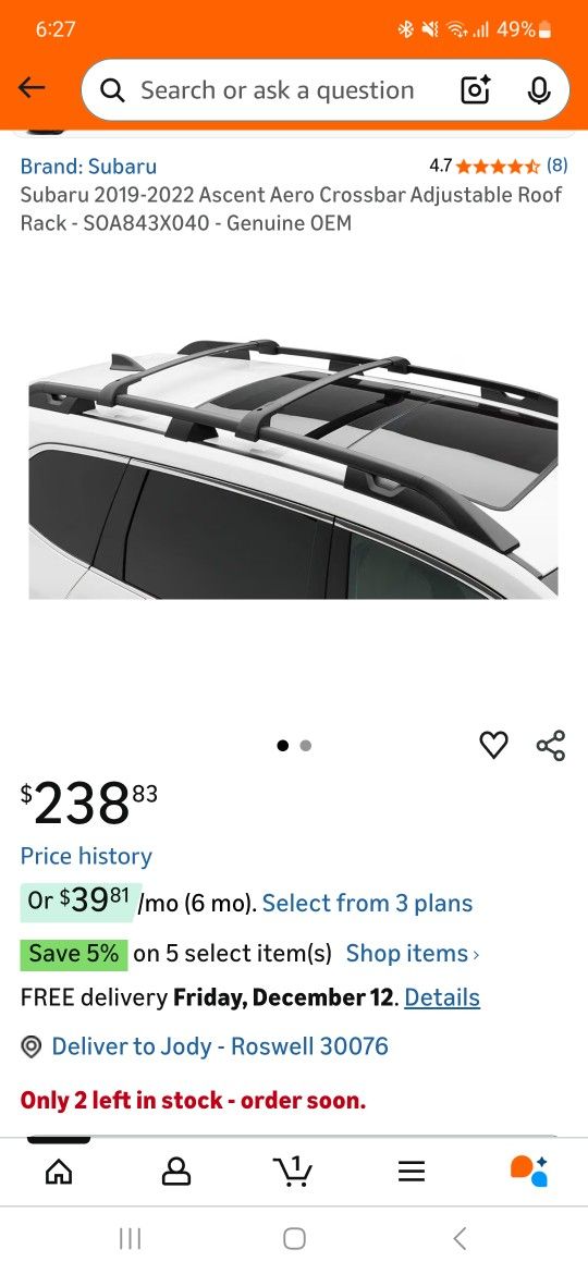 Subaru Acent Oem Roof rack Cross Bar NIB 2019-2022