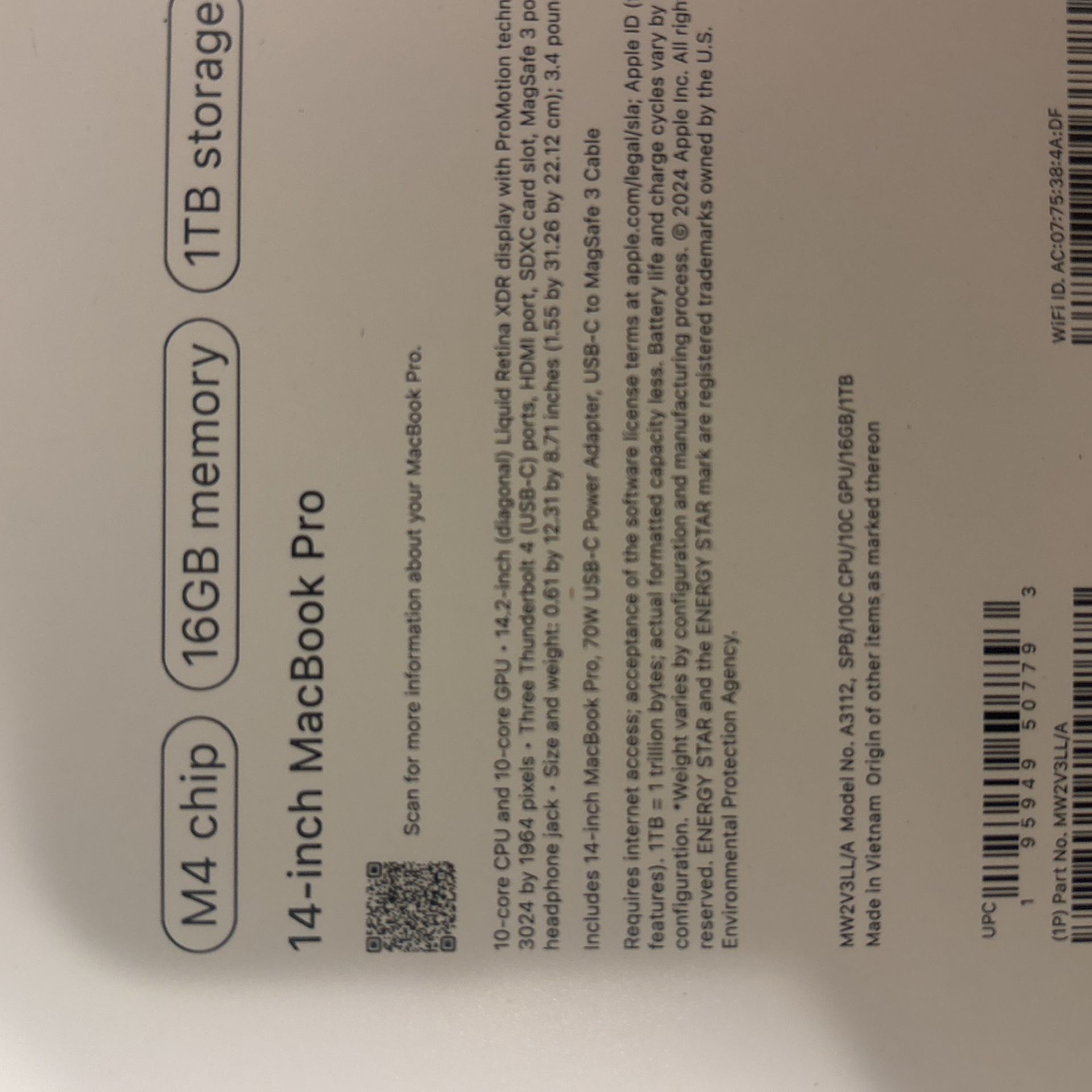 M4 Chip 16GB Memory 1TB Storage (Brand New)