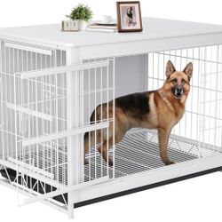 Dog Crate Furniture, 44.1" Wooden Side End Table, Modern Dog Kennel with Double Doors, Heavy-Duty Dog Cage w/Pull-Out Removable Tray, Indoor Medium/La