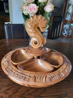 Vintage Danish Mid-century Tiki Monkey Pod Wood Lazy Susan Seahorse Platter
