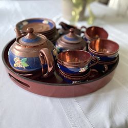 Antique Copper And Cobalt Blue Floral Teaset For 6